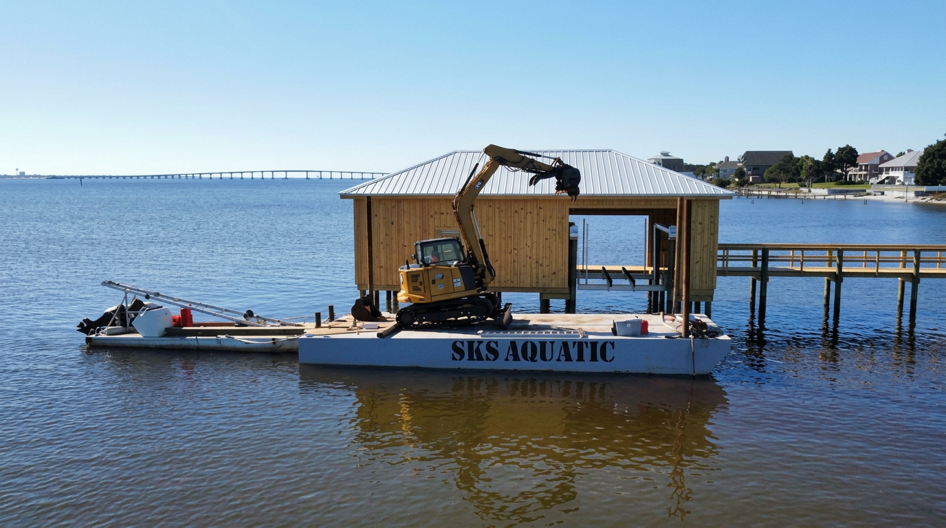New wooden boat dock with boat lift over calm Gulf Coast bay water at golden hour
